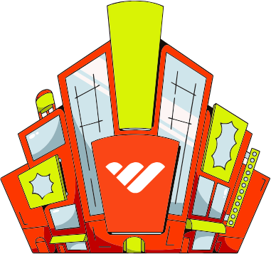 Whop marketplace illustration showing colorful buildings with the Whop logo